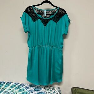 Silky teal & black lace dress, size M